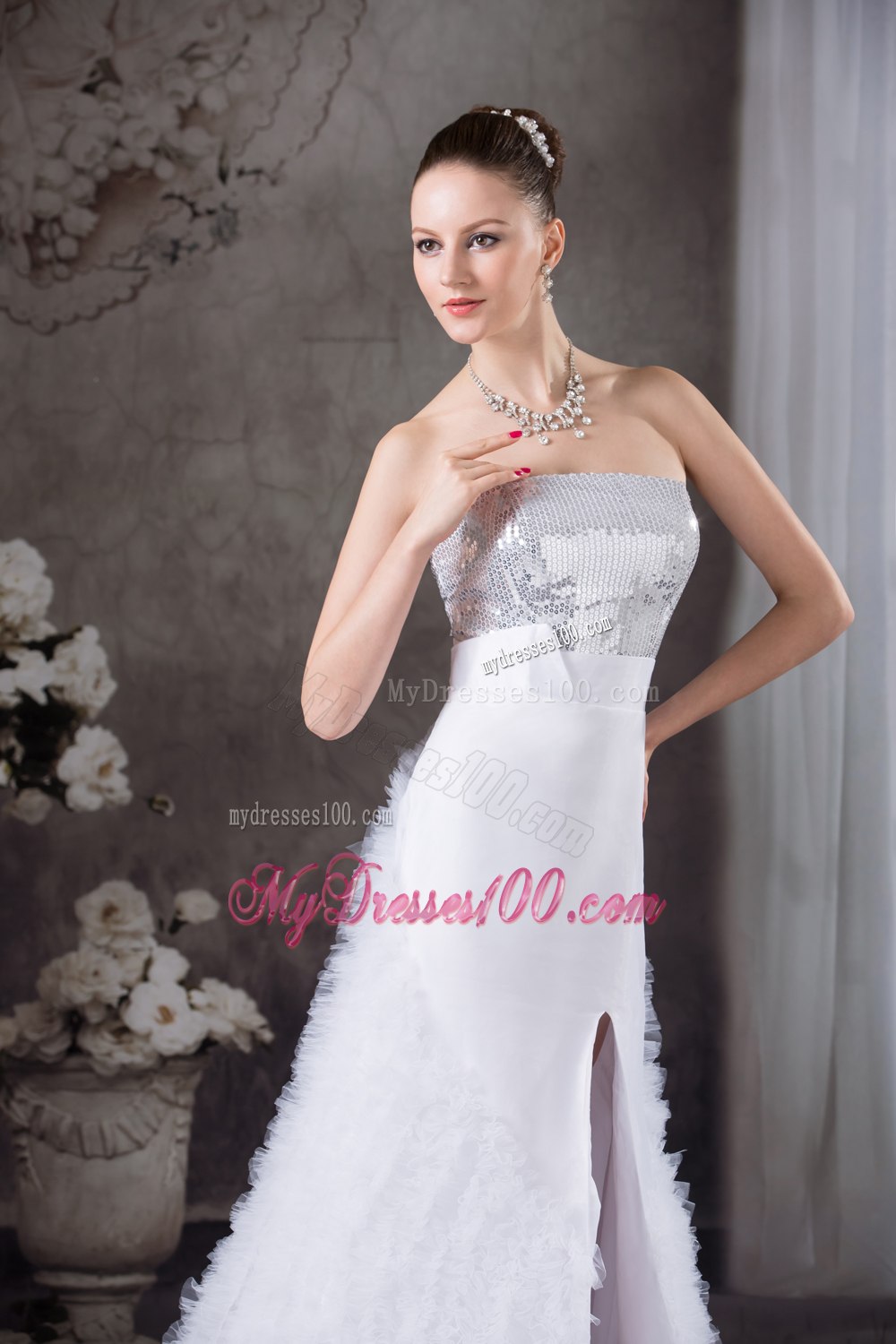 Ruffles Strapless High slit Brush Train Sequins Hall Wedding Dress