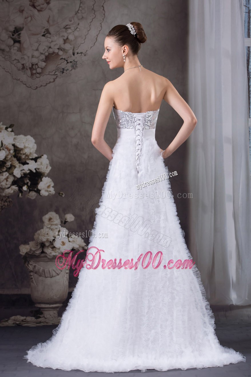 Ruffles Strapless High slit Brush Train Sequins Hall Wedding Dress