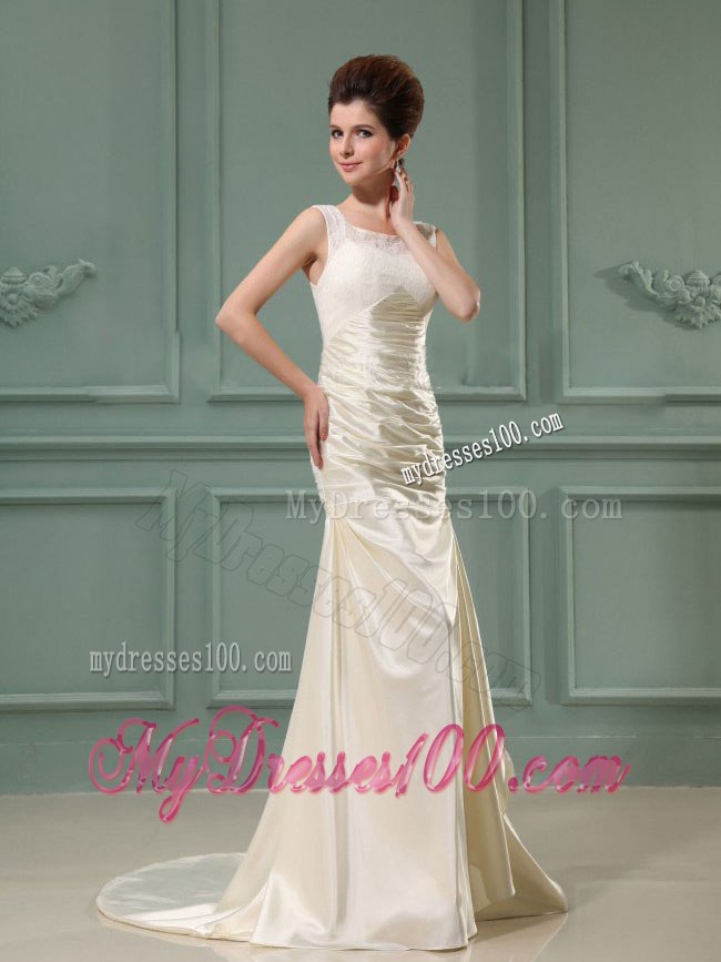 Ruched Scoop Column Champagne Brush Train Beach Wedding Dress