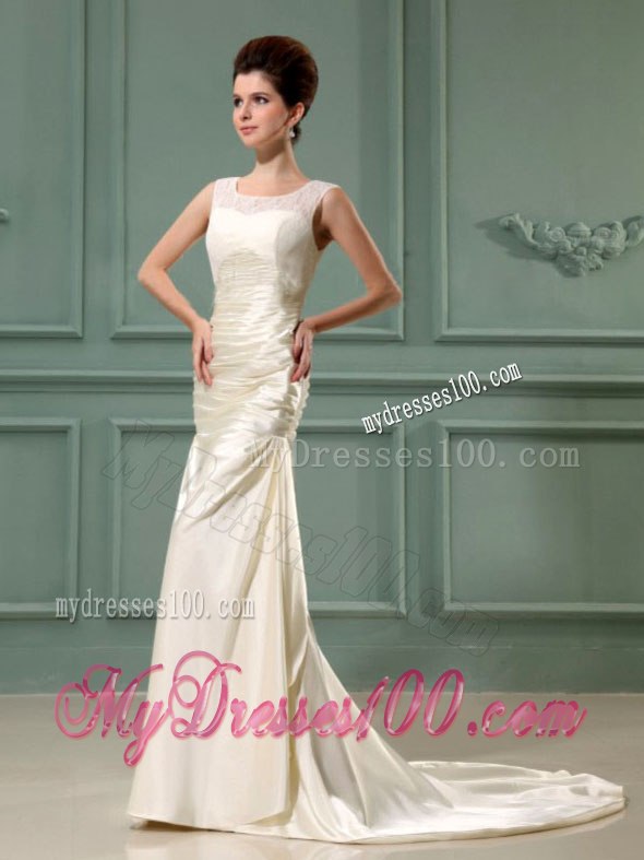 Ruched Scoop Column Champagne Brush Train Beach Wedding Dress