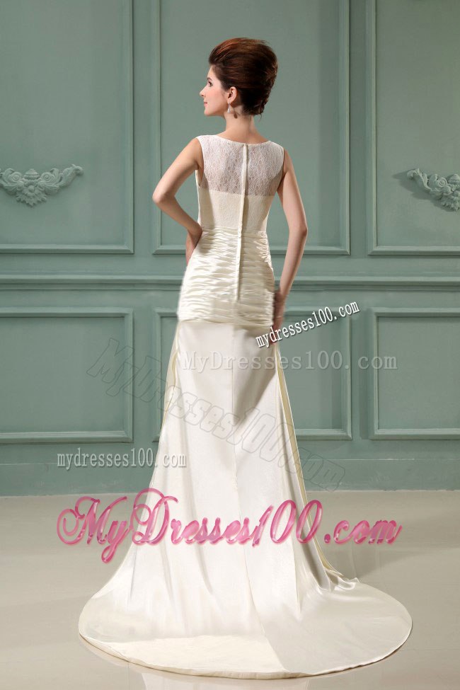 Ruched Scoop Column Champagne Brush Train Beach Wedding Dress