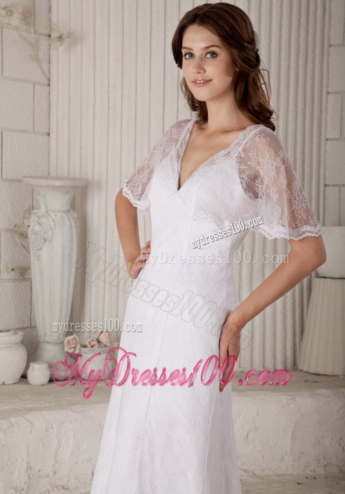 Sexy Column / Sheath V-neck Court Train Lace Wedding Dress