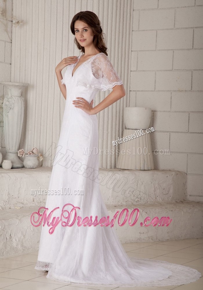 Sexy Column / Sheath V-neck Court Train Lace Wedding Dress
