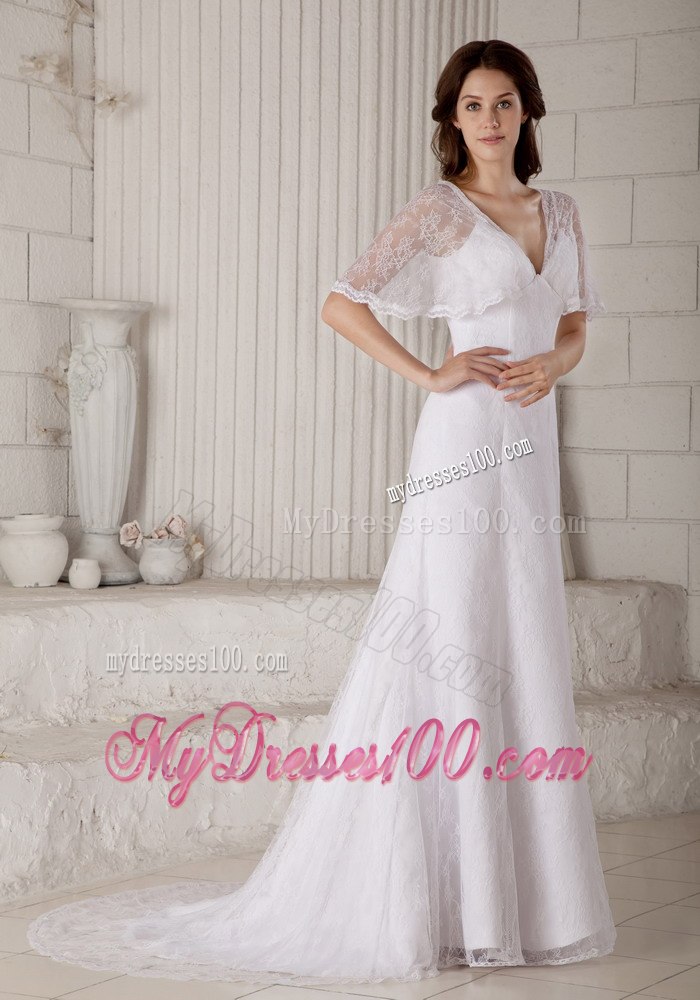 Sexy Column / Sheath V-neck Court Train Lace Wedding Dress