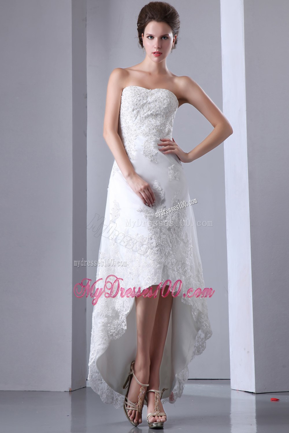 Sexy Column Strapless Strapless High-low Lace Appliques Wedding Dress