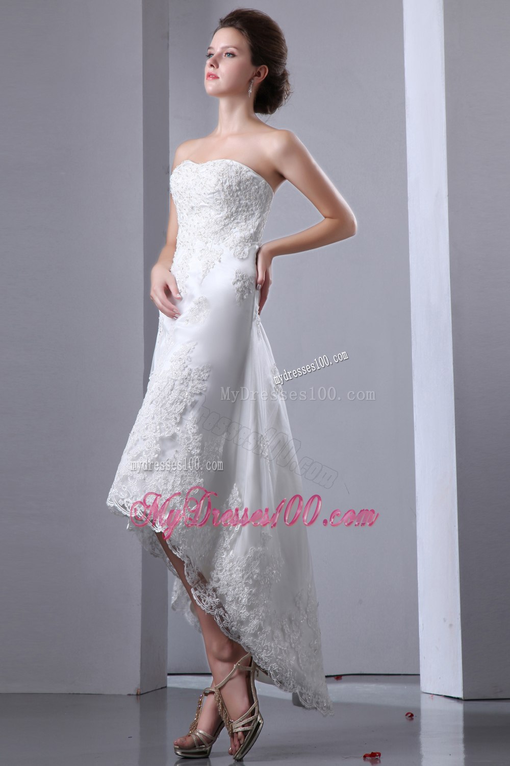 Sexy Column Strapless Strapless High-low Lace Appliques Wedding Dress