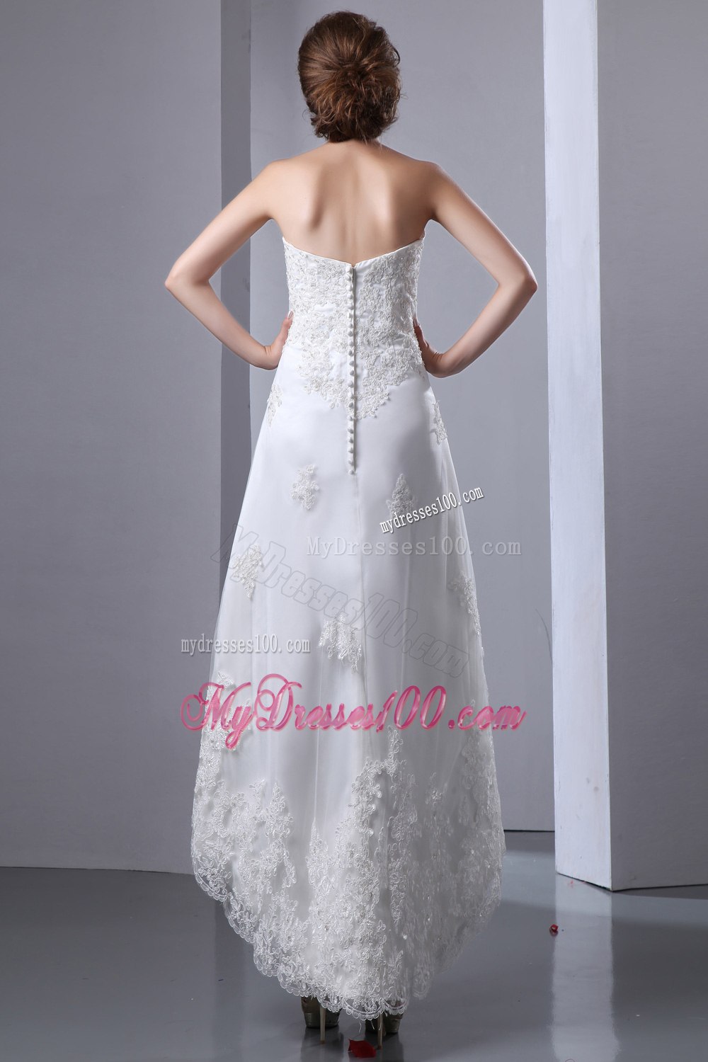 Sexy Column Strapless Strapless High-low Lace Appliques Wedding Dress