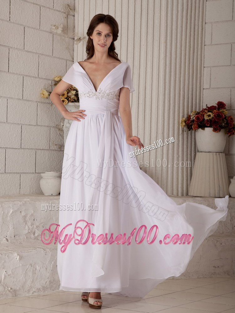 Sexy Empire V-neck Brush Train Beading Short Sleeves Wedding Dress