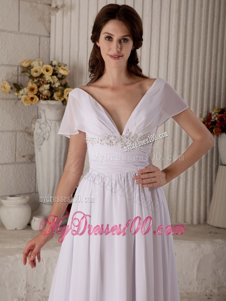 Sexy Empire V-neck Brush Train Beading Short Sleeves Wedding Dress