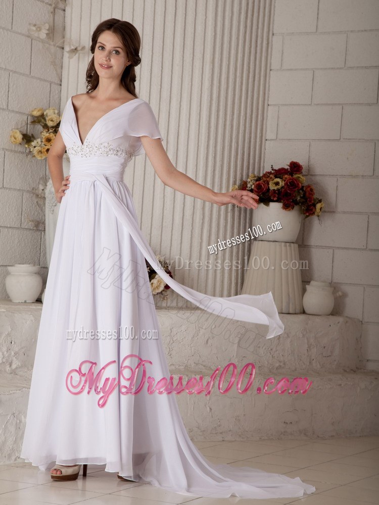 Sexy Empire V-neck Brush Train Beading Short Sleeves Wedding Dress
