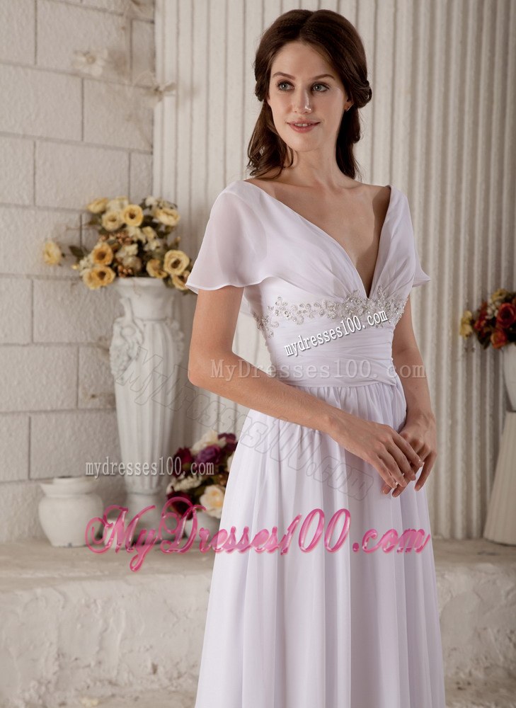 Sexy Empire V-neck Brush Train Beading Short Sleeves Wedding Dress