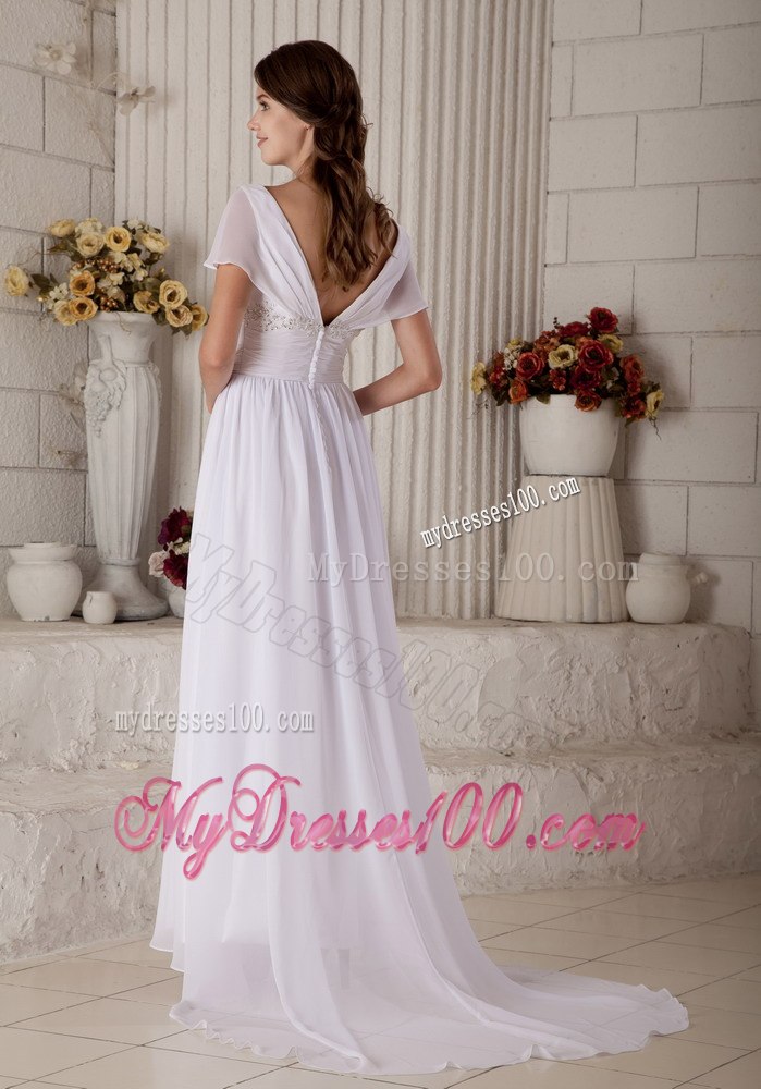 Sexy Empire V-neck Brush Train Beading Short Sleeves Wedding Dress