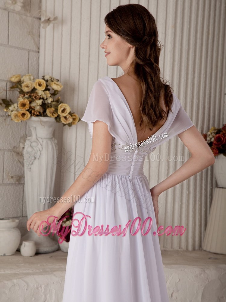 Sexy Empire V-neck Brush Train Beading Short Sleeves Wedding Dress