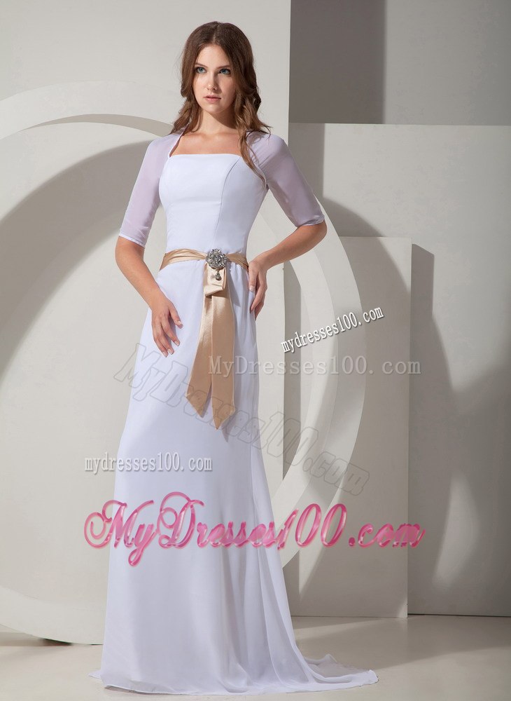 Romantic Column Sheath Square Beach Wedding Dresses Brush Train