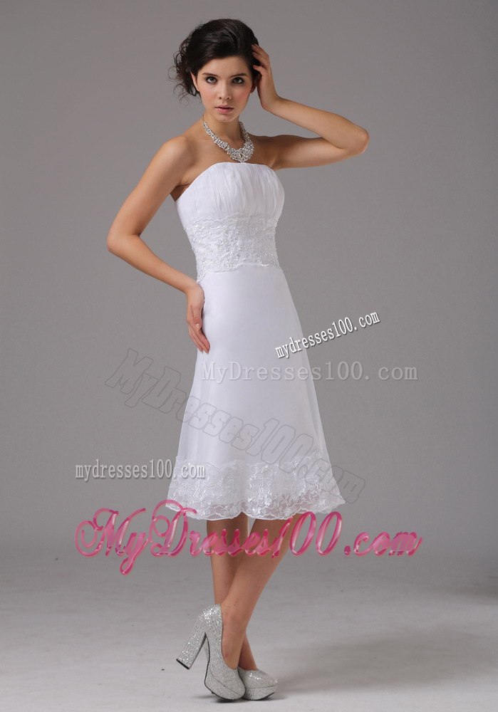 Summer Lace Decorate Waist Strapless Knee-length Wedding Dress