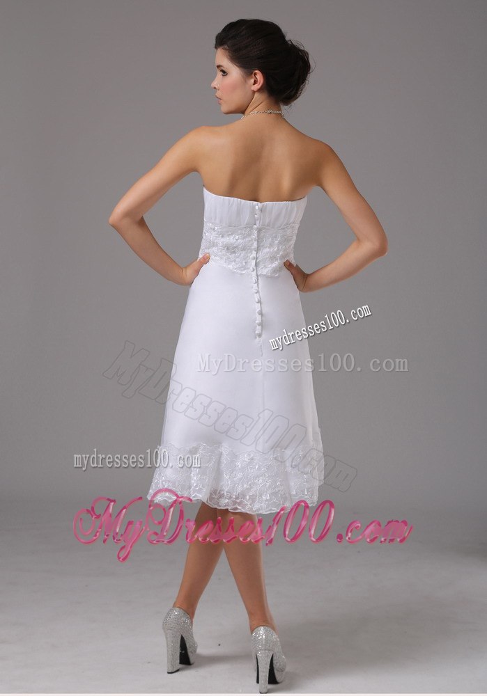 Summer Lace Decorate Waist Strapless Knee-length Wedding Dress