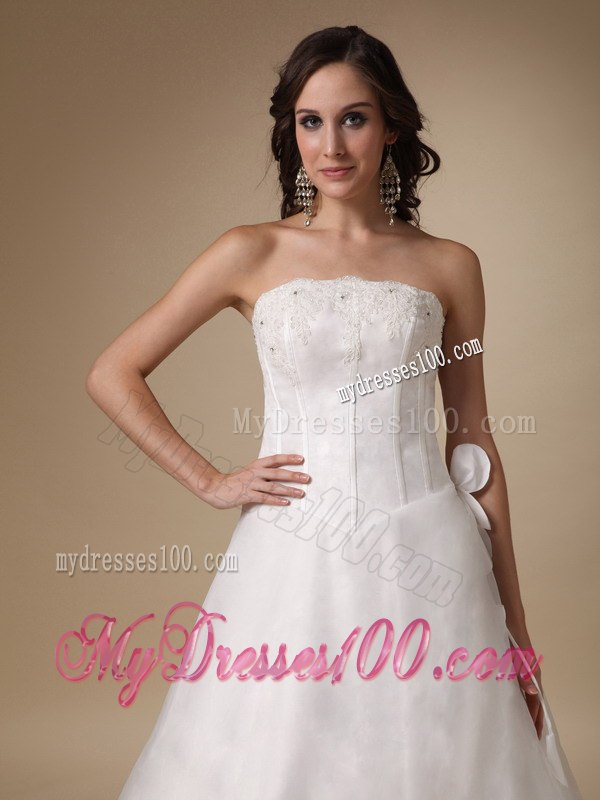Simple A-line Strapless Floor-length Satin and Organza Appliques