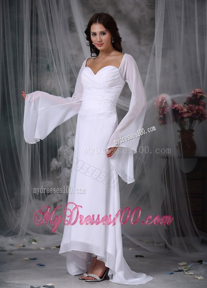 Simple Sweetheart High-low Ruched Long Sleeves Wedding Dress