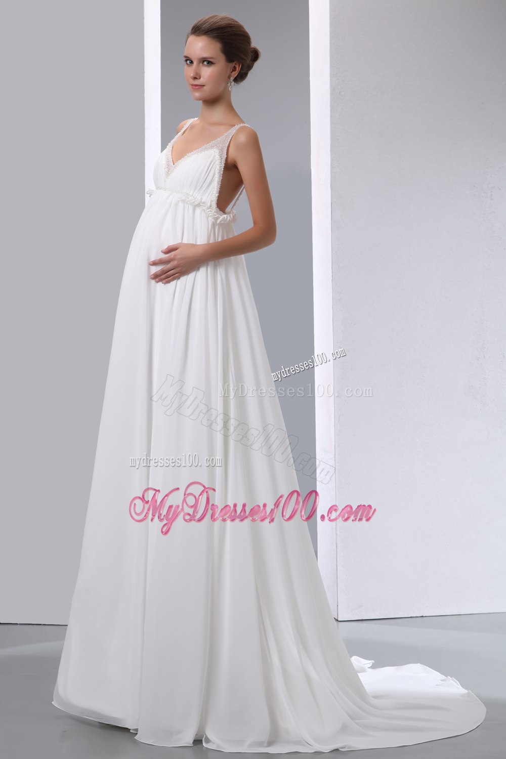 Affordable V-neck Brush Train Beading Maternity Wedding Dresses