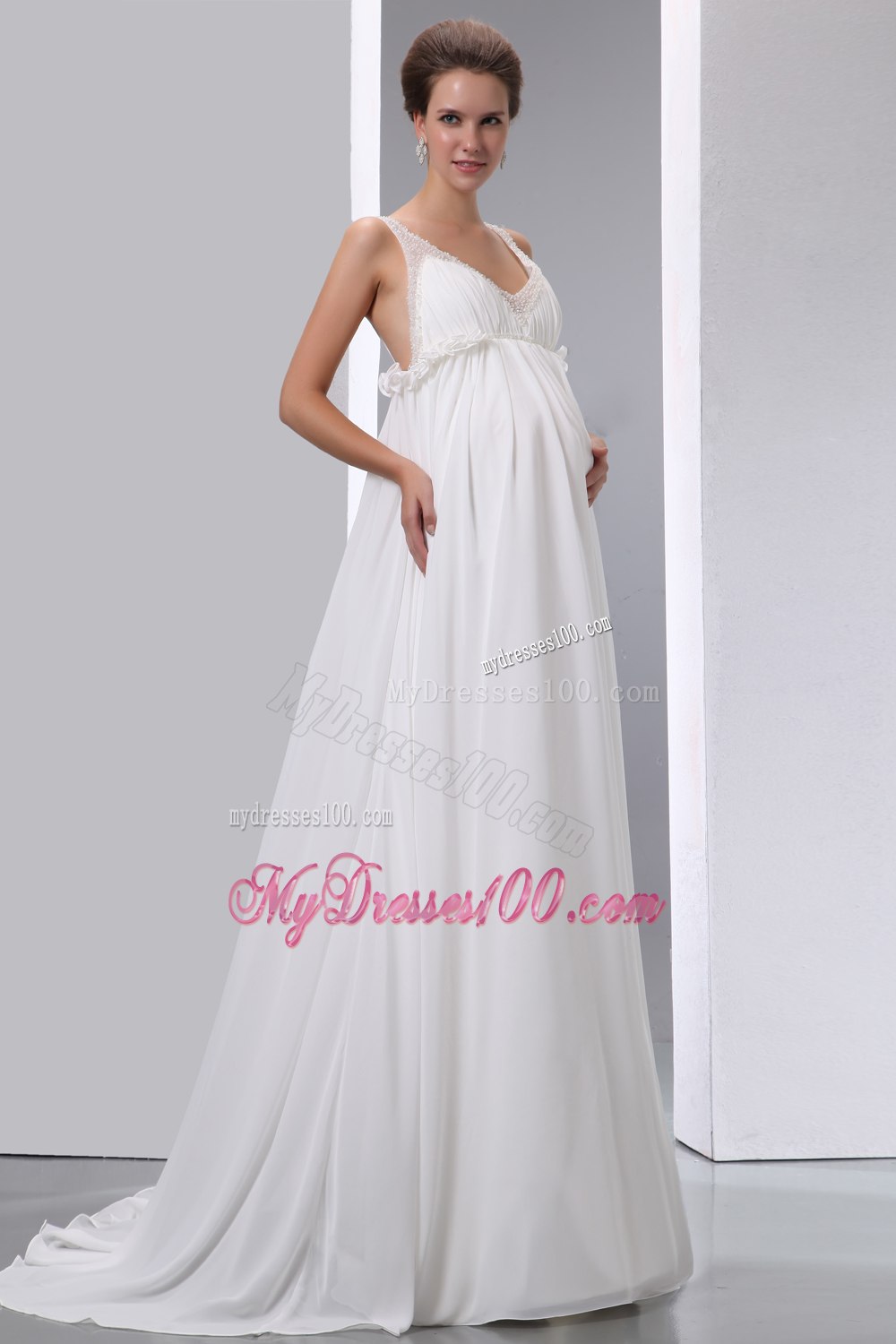 Affordable V-neck Brush Train Beading Maternity Wedding Dresses