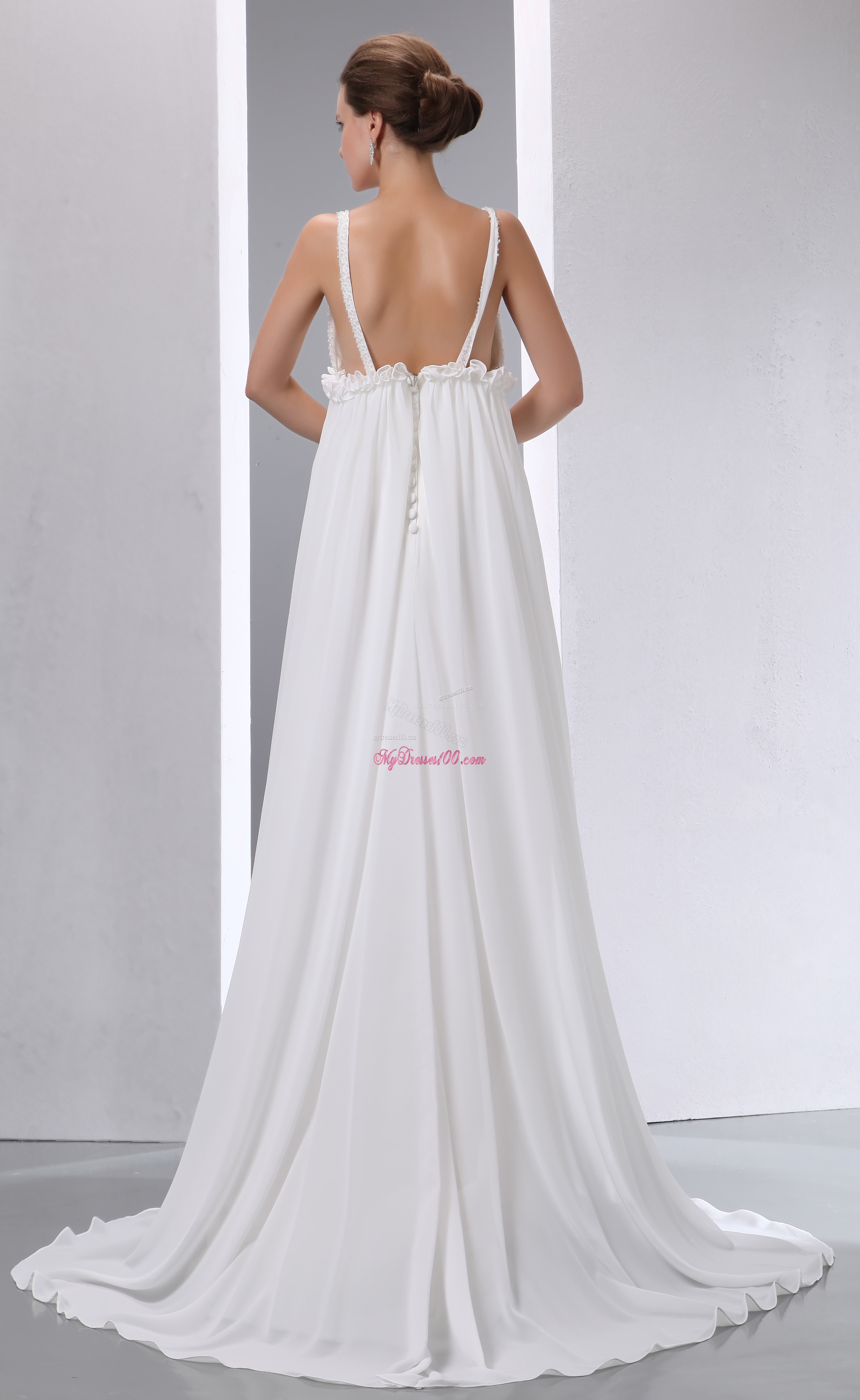 Affordable V-neck Brush Train Beading Maternity Wedding Dresses