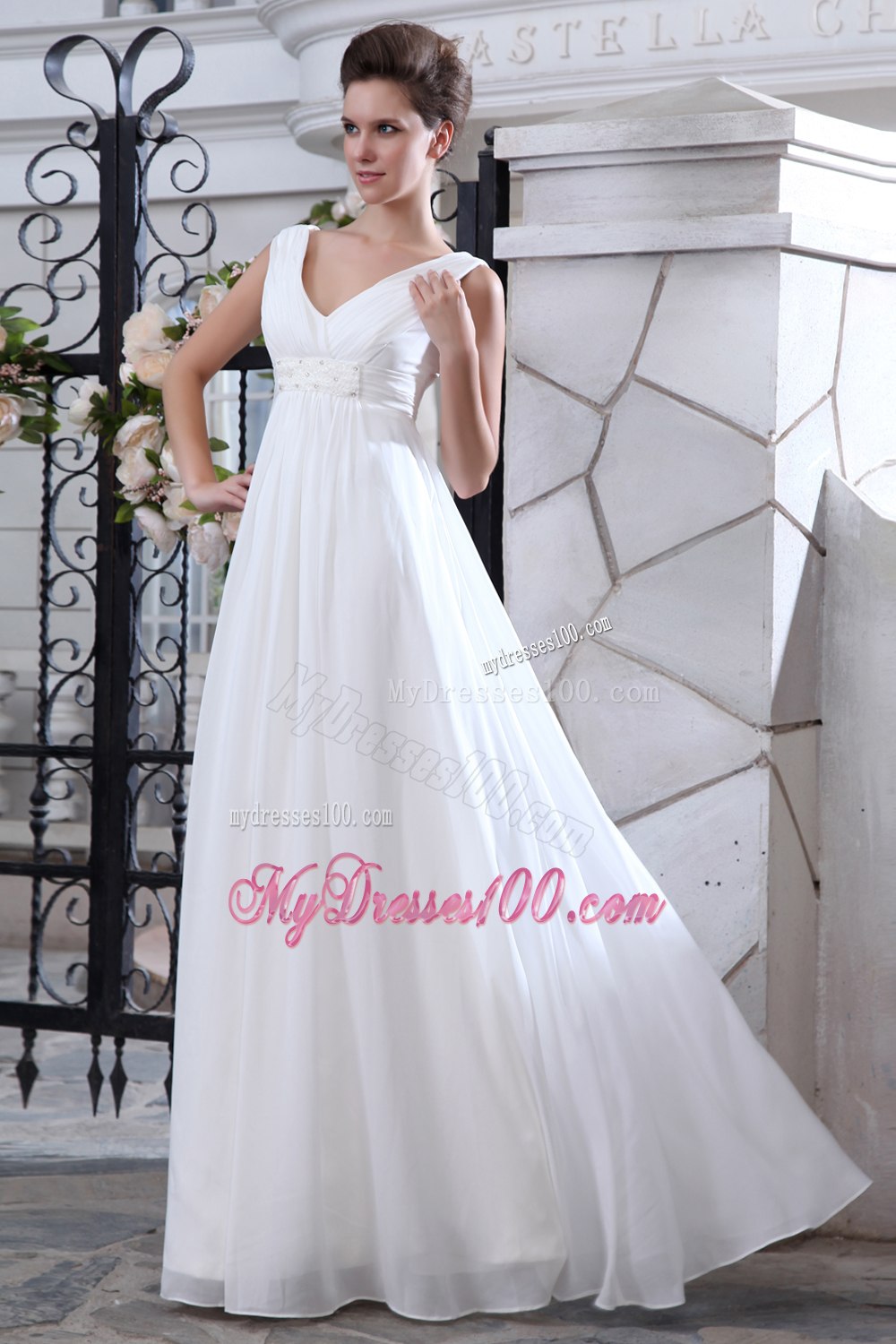 Simple V-neck Floor-length Ruched and Appliques Wedding Dress