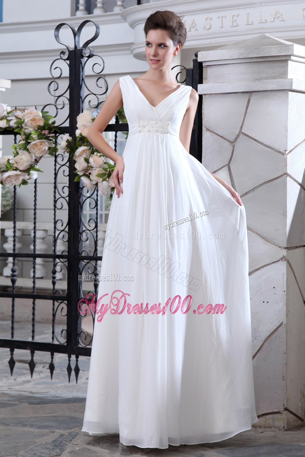 Simple V-neck Floor-length Ruched and Appliques Wedding Dress