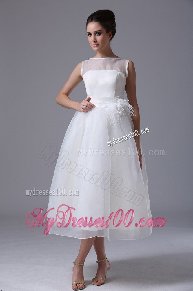 Summer Simple Bateau Tea-length Beach Wedding Dress with Zipper-up