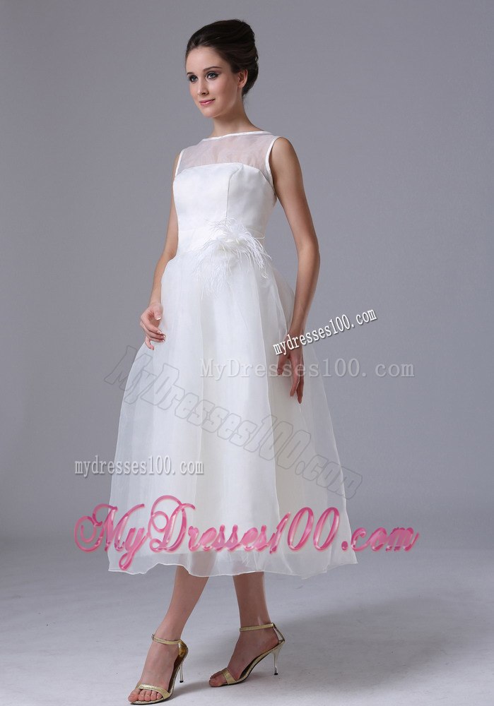 Summer Simple Bateau Tea-length Beach Wedding Dress with Zipper-up