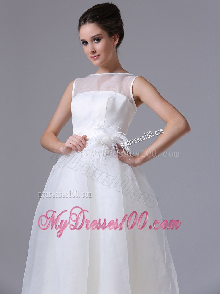 Summer Simple Bateau Tea-length Beach Wedding Dress with Zipper-up