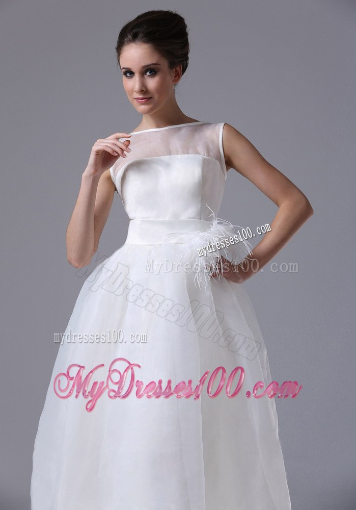 Summer Simple Bateau Tea-length Beach Wedding Dress with Zipper-up
