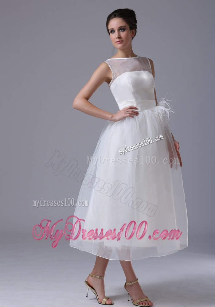 Summer Simple Bateau Tea-length Beach Wedding Dress with Zipper-up