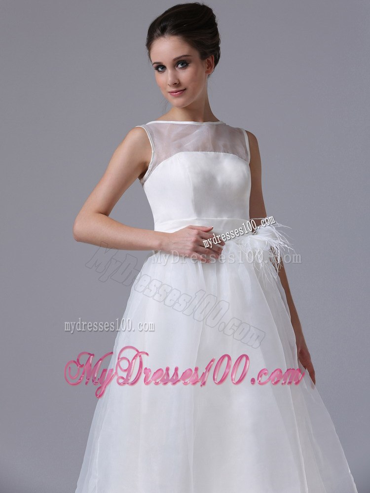 Summer Simple Bateau Tea-length Beach Wedding Dress with Zipper-up