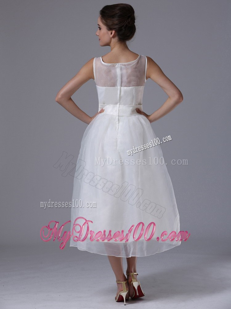Summer Simple Bateau Tea-length Beach Wedding Dress with Zipper-up