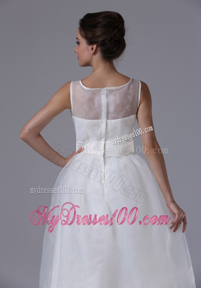 Summer Simple Bateau Tea-length Beach Wedding Dress with Zipper-up