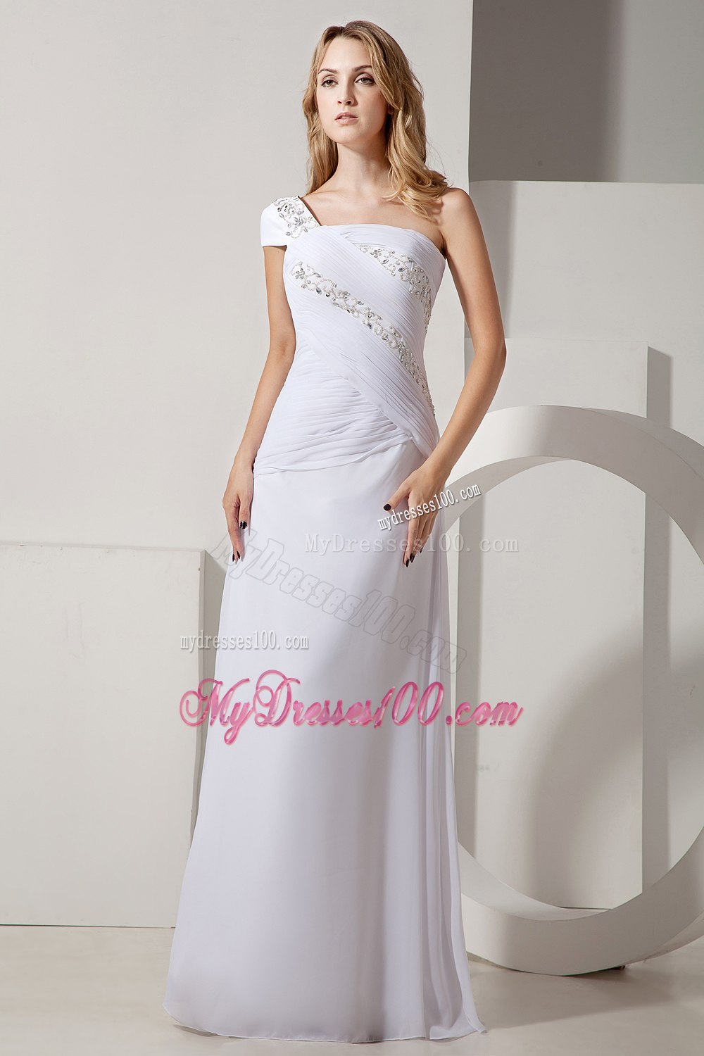 Simple Column One Shoulder Long Ruching and Beading Wedding Dress