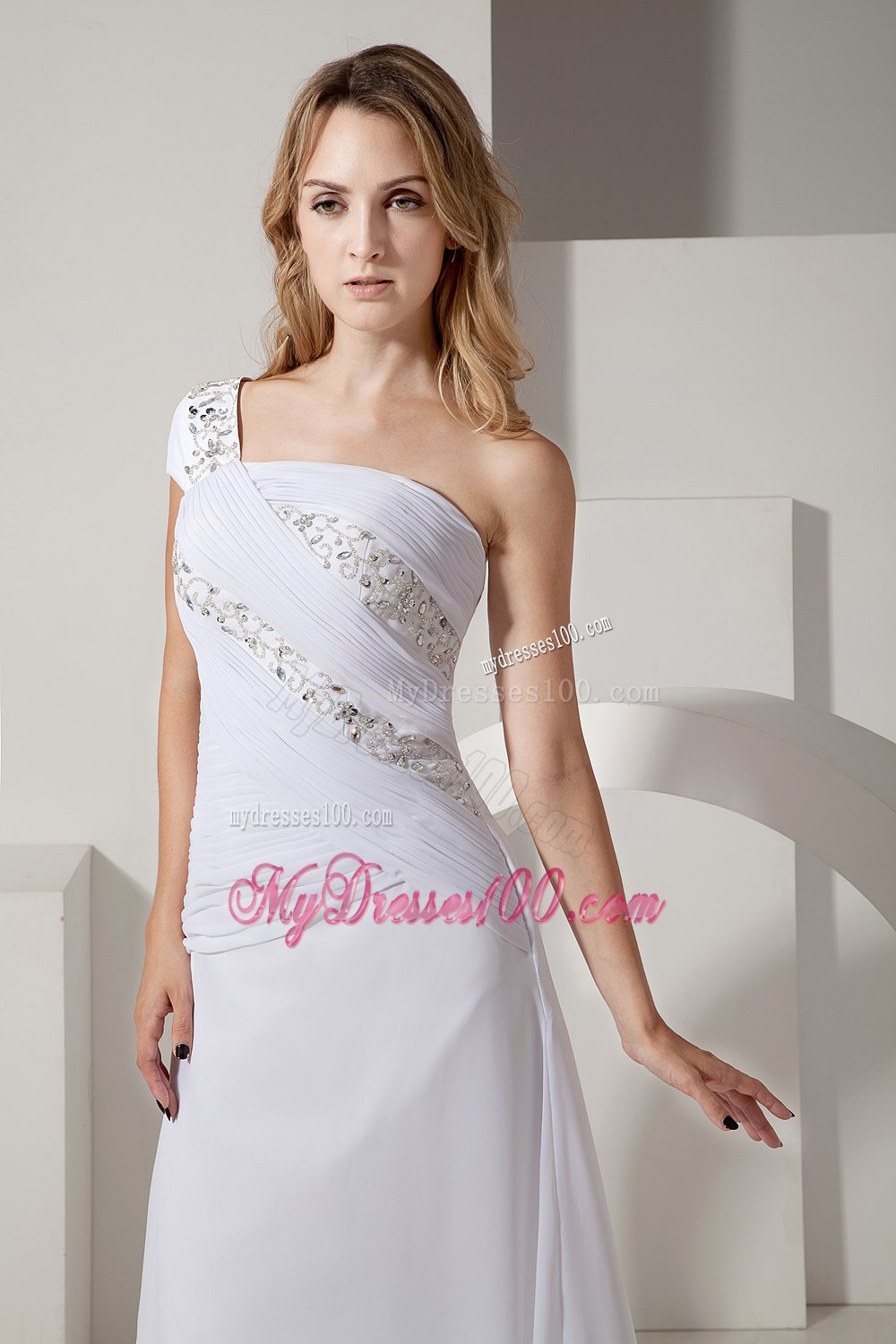 Simple Column One Shoulder Long Ruching and Beading Wedding Dress