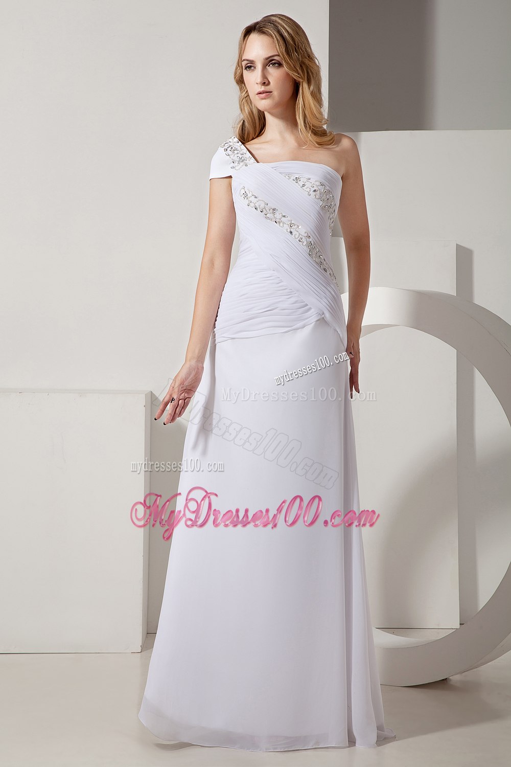 Simple Column One Shoulder Long Ruching and Beading Wedding Dress