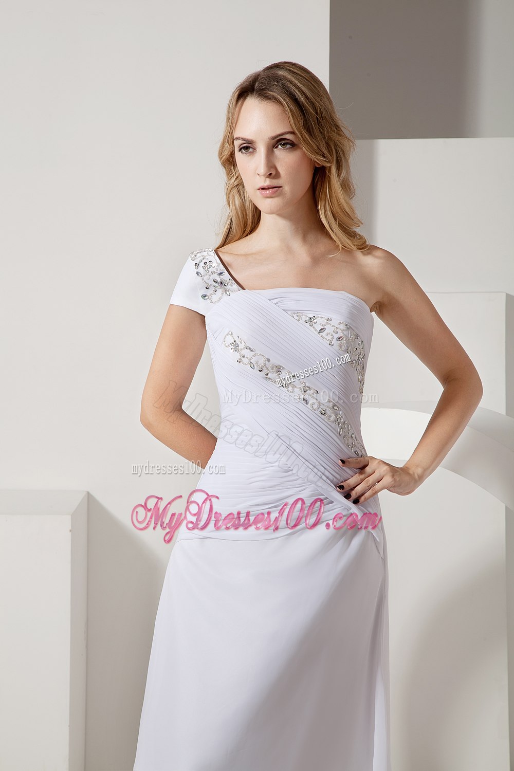 Simple Column One Shoulder Long Ruching and Beading Wedding Dress