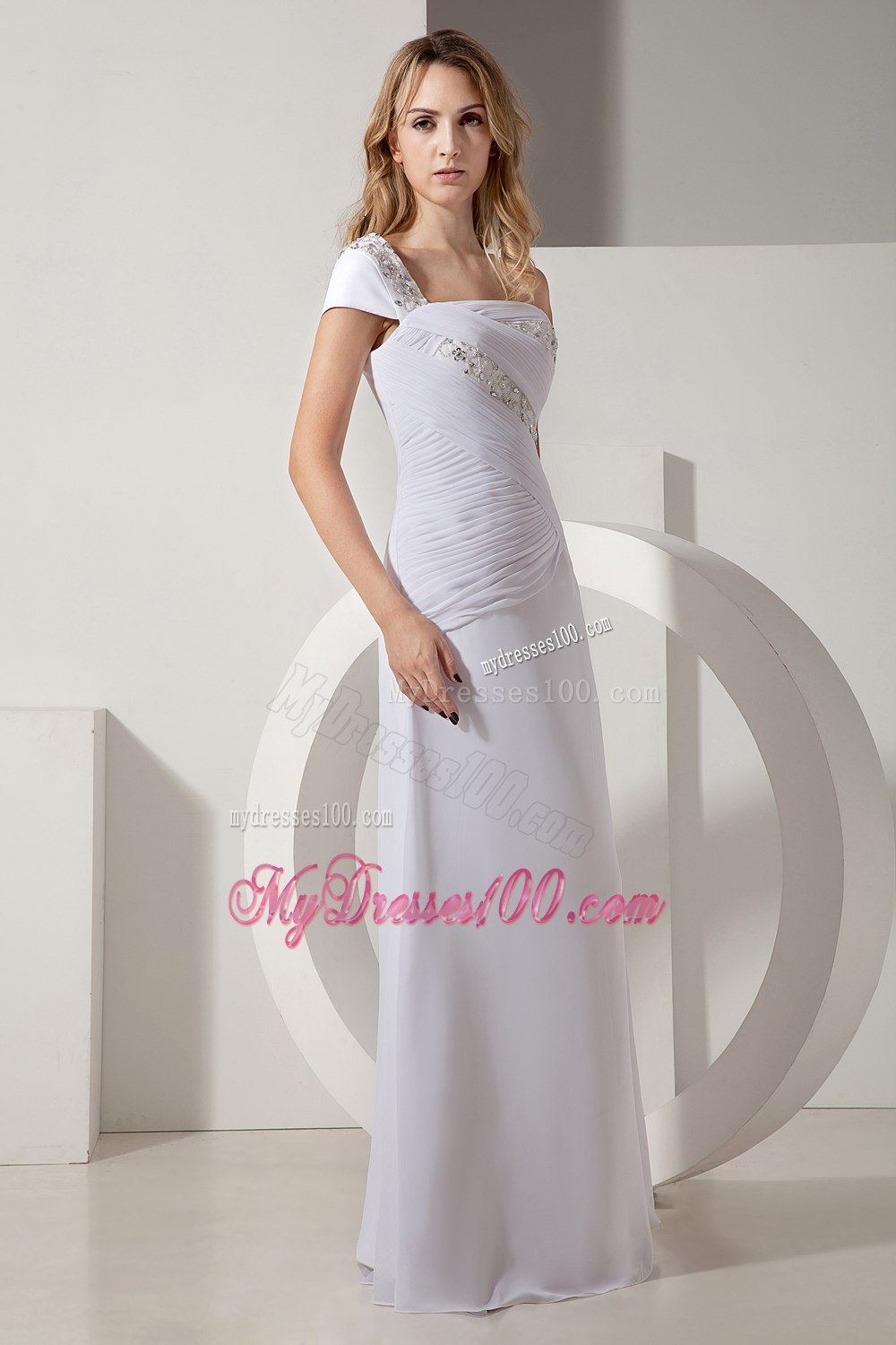 Simple Column One Shoulder Long Ruching and Beading Wedding Dress