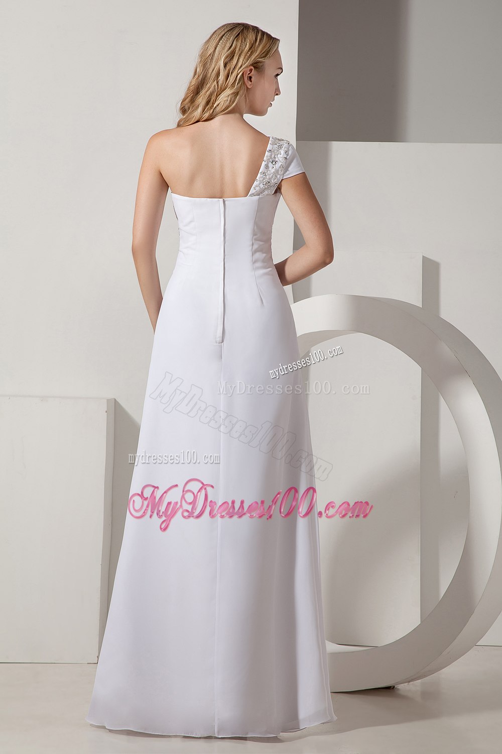 Simple Column One Shoulder Long Ruching and Beading Wedding Dress
