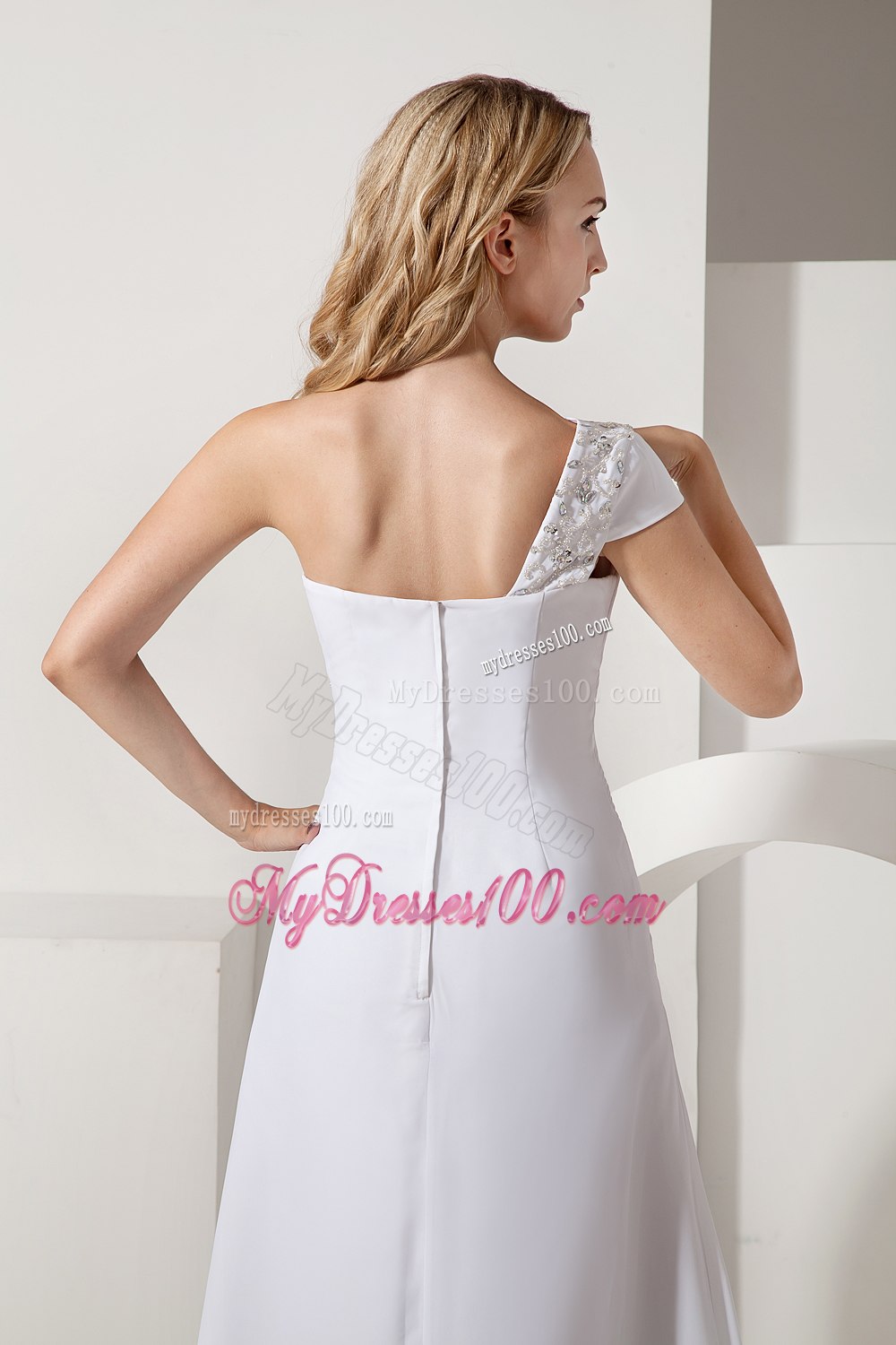 Simple Column One Shoulder Long Ruching and Beading Wedding Dress