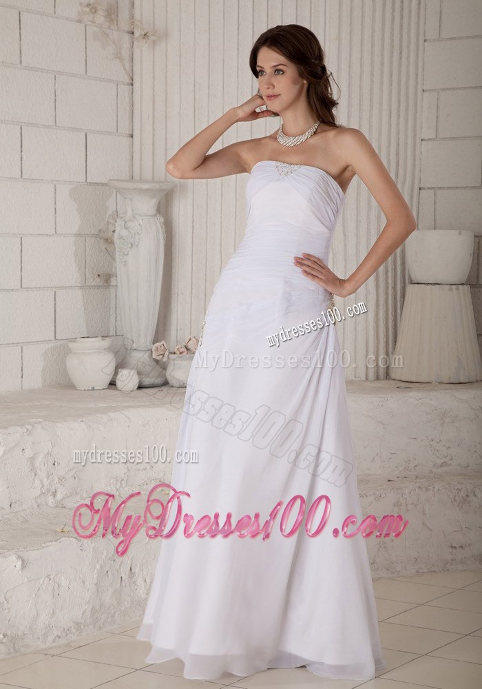 Simple Column Strapless Long Beading and Ruched Wedding Dresses