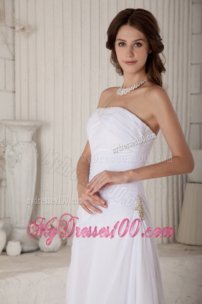 Simple Column Strapless Long Beading and Ruched Wedding Dresses