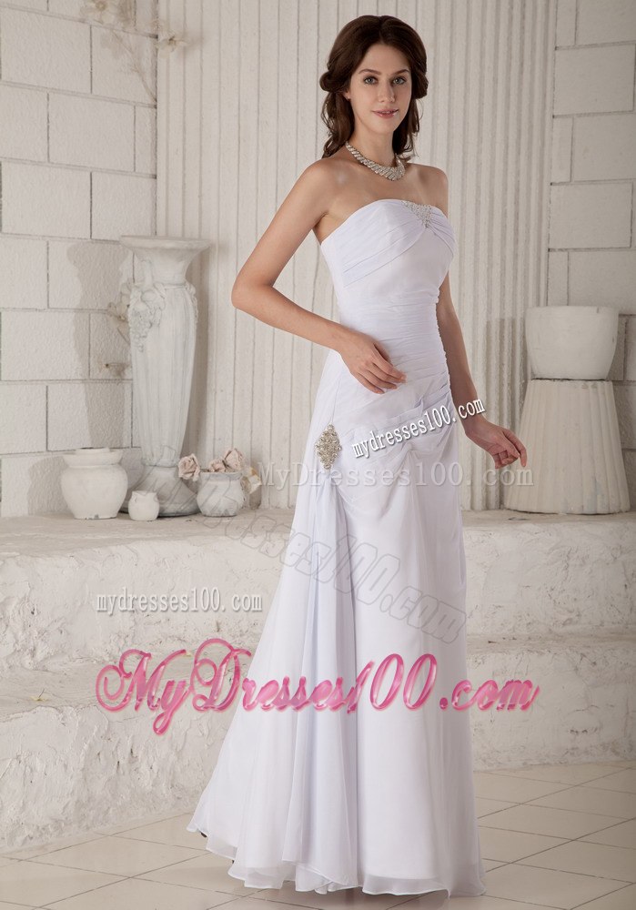 Simple Column Strapless Long Beading and Ruched Wedding Dresses