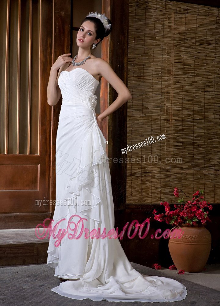 Simple Column Sweetheart Court Train Ruching Beach Wedding Dresses