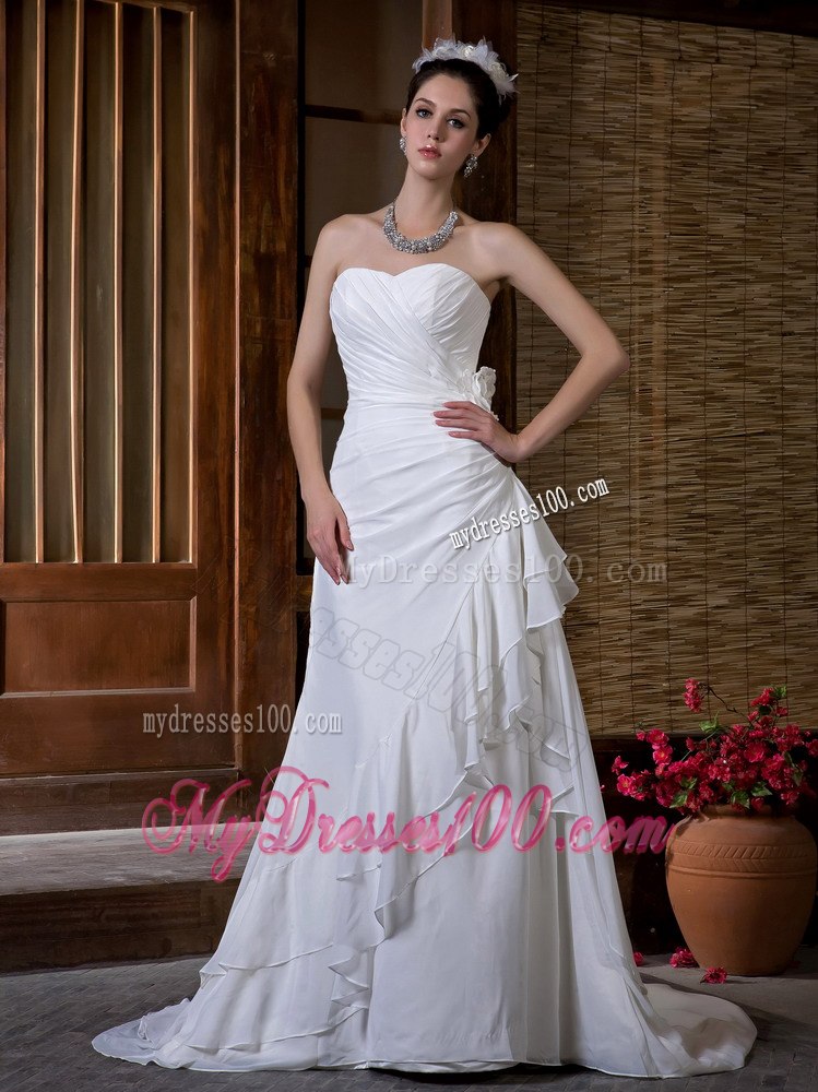 Simple Column Sweetheart Court Train Ruching Beach Wedding Dresses