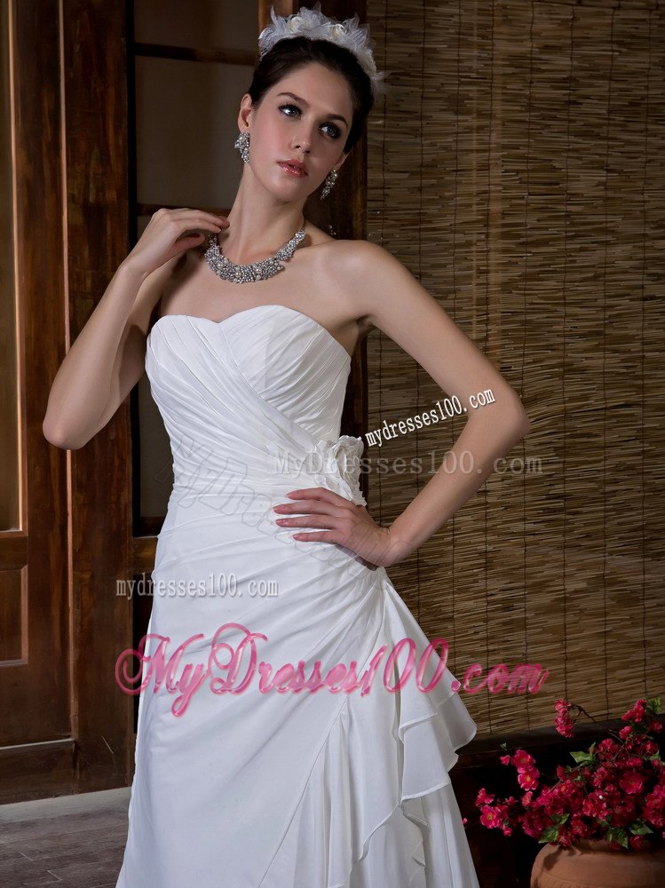 Simple Column Sweetheart Court Train Ruching Beach Wedding Dresses
