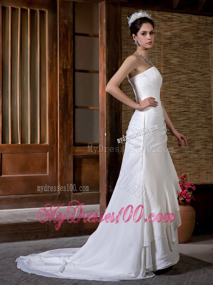 Simple Column Sweetheart Court Train Ruching Beach Wedding Dresses