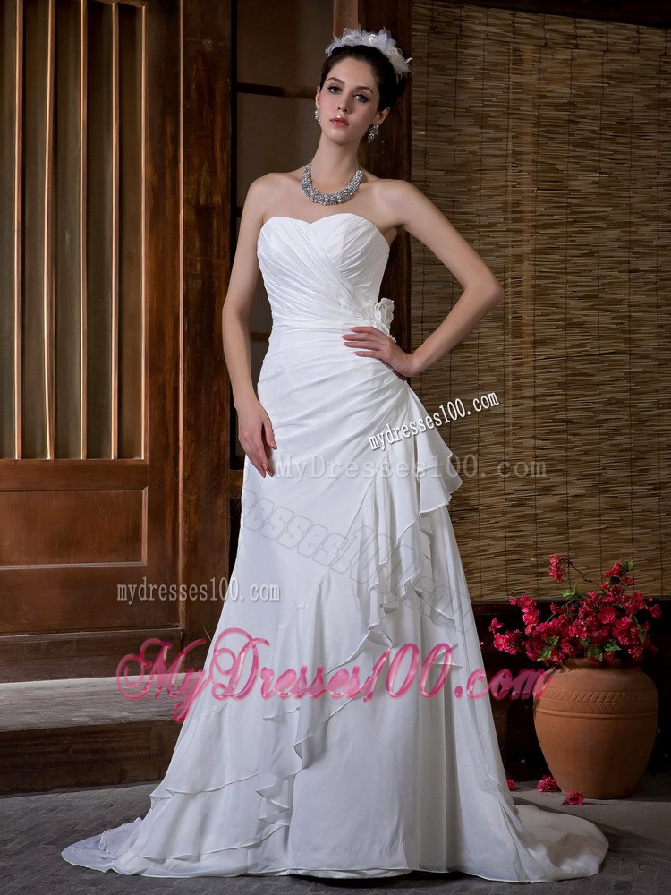 Simple Column Sweetheart Court Train Ruching Beach Wedding Dresses